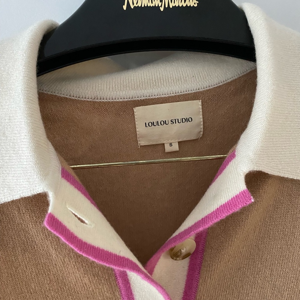 LOULOU Cashmere polo shirt camel with pink trim size S - Picture 3 of 4